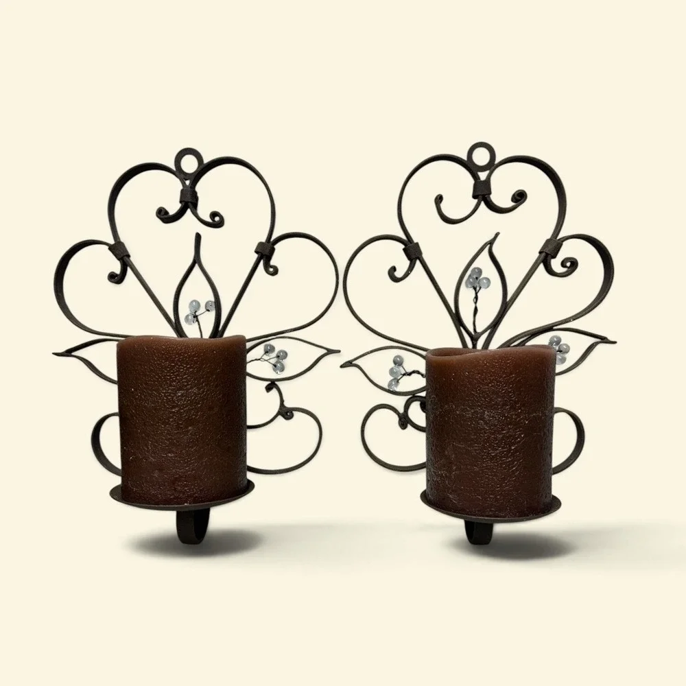 Vintage Pair of Heavy Brown Wrought Iron Wall Candle Sconces w/ Brown Candles